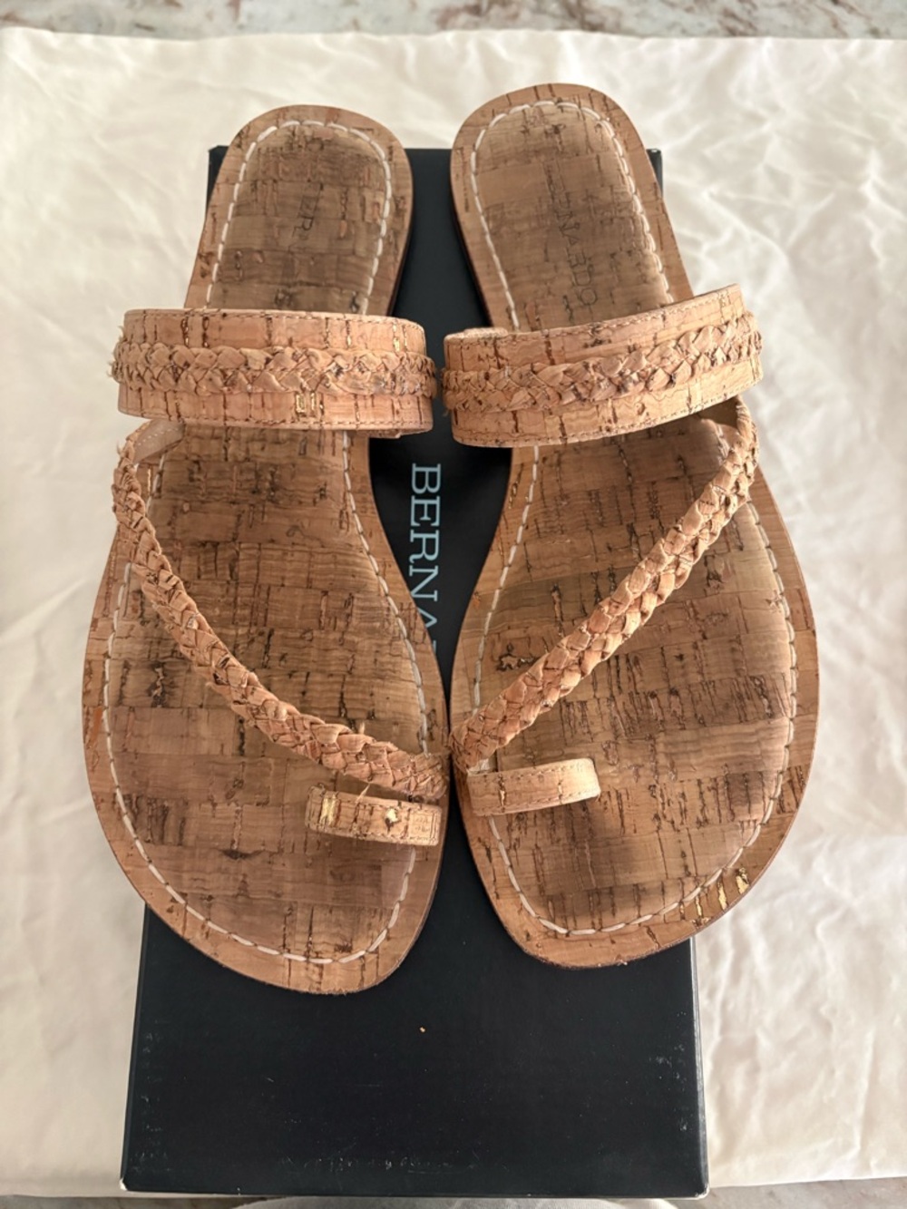 Bernardo Tan Cork Braided Toe-Ring Sandals